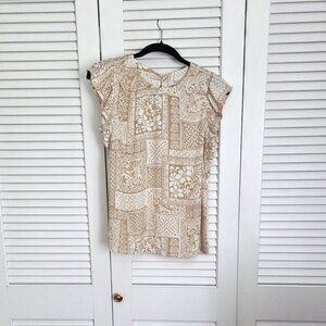 Loft, Khaki & Cream, Short Sleeve Flutter Blouse